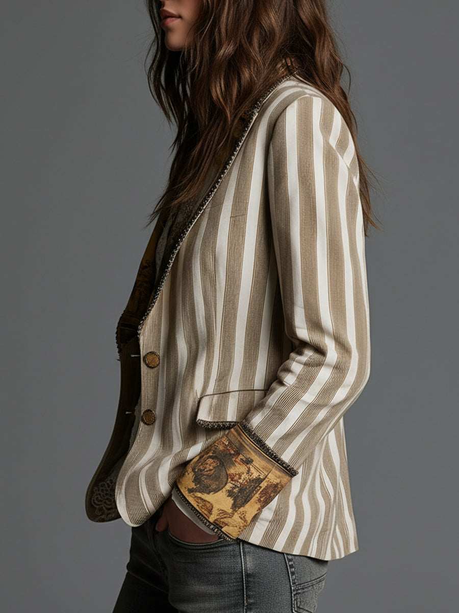 Blazer Femme Bohème à Rayures Imprimées et Col à Revers