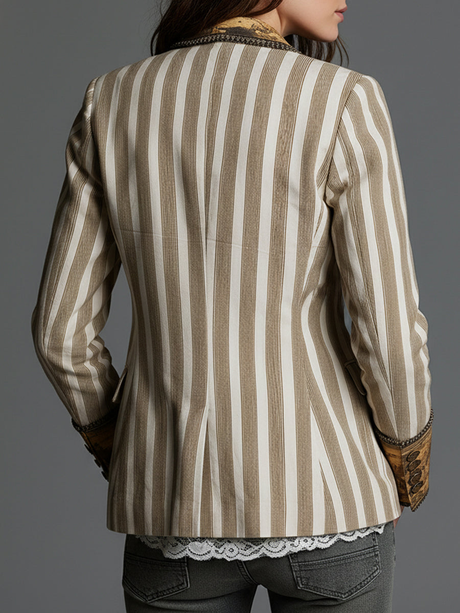 Blazer Femme Bohème à Rayures Imprimées et Col à Revers