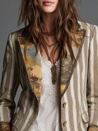 Blazer Femme Bohème à Rayures Imprimées et Col à Revers