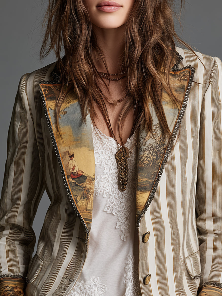 Blazer Femme Bohème à Rayures Imprimées et Col à Revers