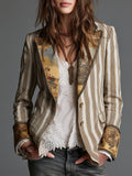 Blazer Femme Bohème à Rayures Imprimées et Col à Revers