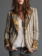 Blazer Femme Bohème à Rayures Imprimées et Col à Revers