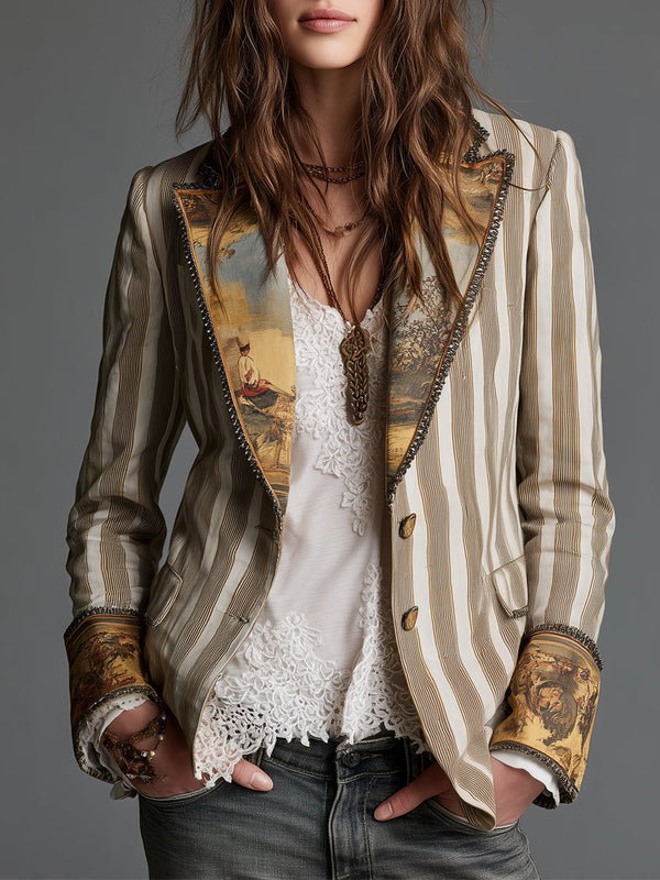 Blazer Femme Bohème à Rayures Imprimées et Col à Revers