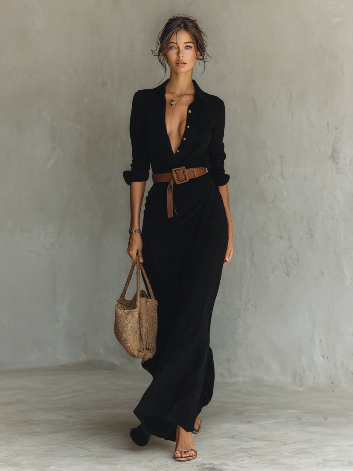 Géraldine | Robe Maxi Col Revers Ceinturée