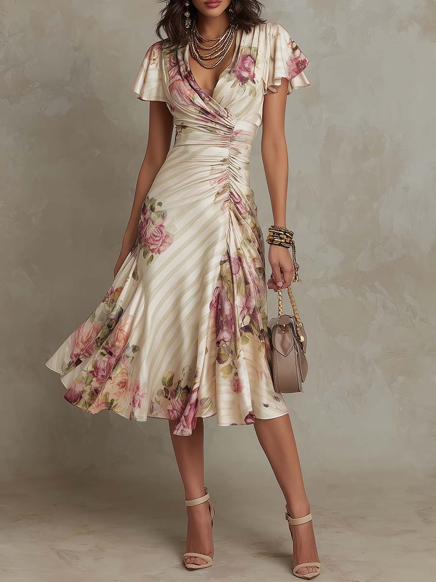 Alba | Robe midi cache-cœur froncée à imprimé floral élégant