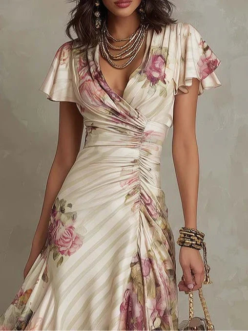 Alba | Robe midi cache-cœur froncée à imprimé floral élégant