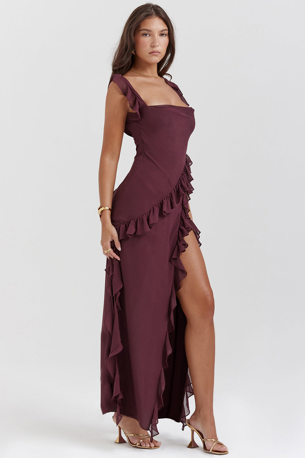 Amira | Robe Longue À Bretelles Prune Foncé