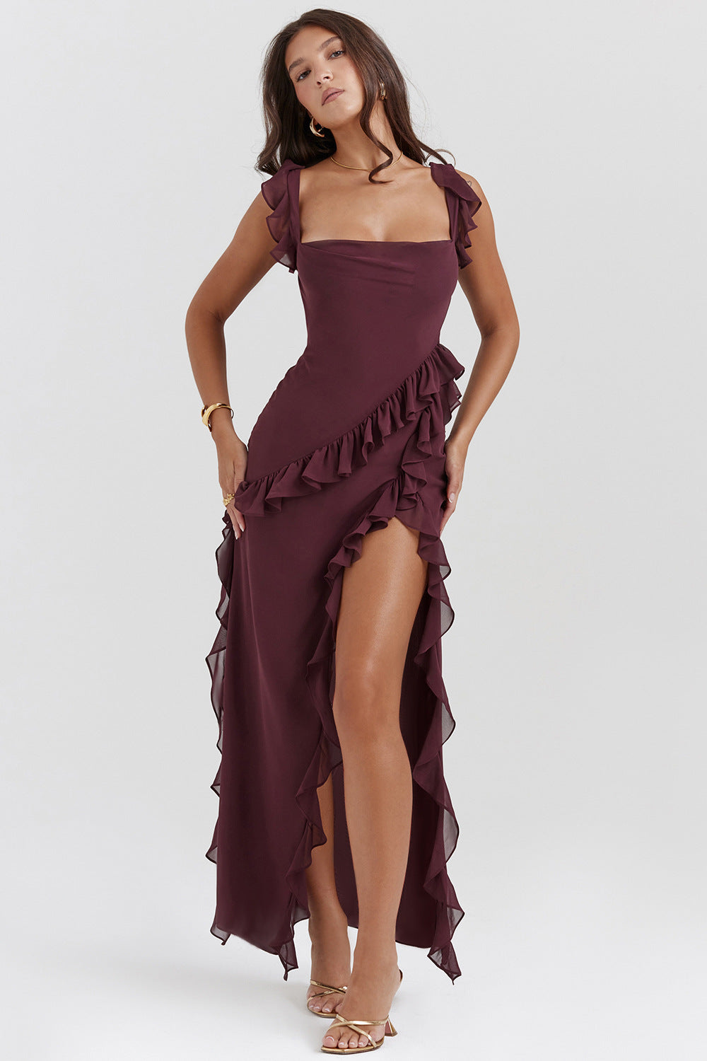 Amira | Robe Longue À Bretelles Prune Foncé