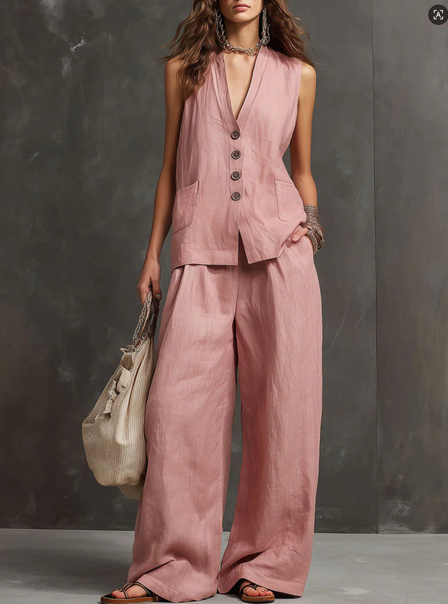 Two-Piece Set in Cotton and Linen with Sleeveless Vest and Wide-Leg Pants Maison Fleurine