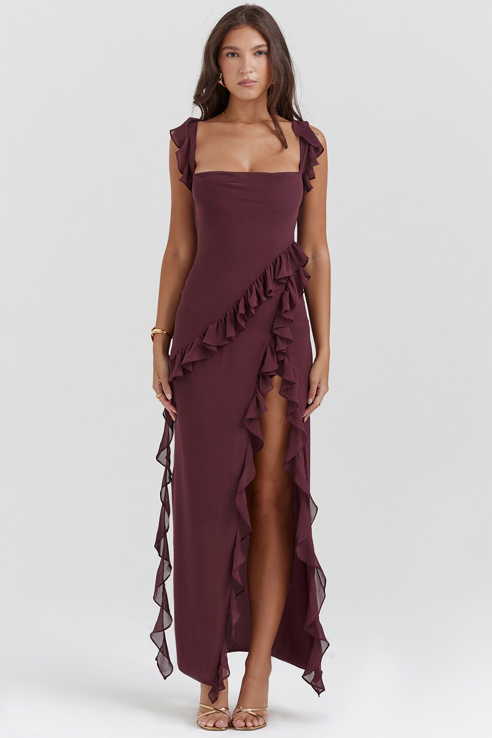 Amira | Robe Longue À Bretelles Prune Foncé