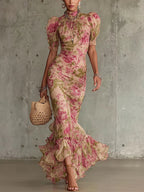 Florette | Robe maxi romantique à imprimé roses vintage et manches bouffantes