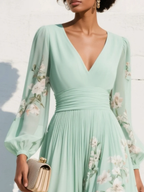 Susane | Robe maxi plissée en mousseline vert menthe à imprimé fleuri pour femme