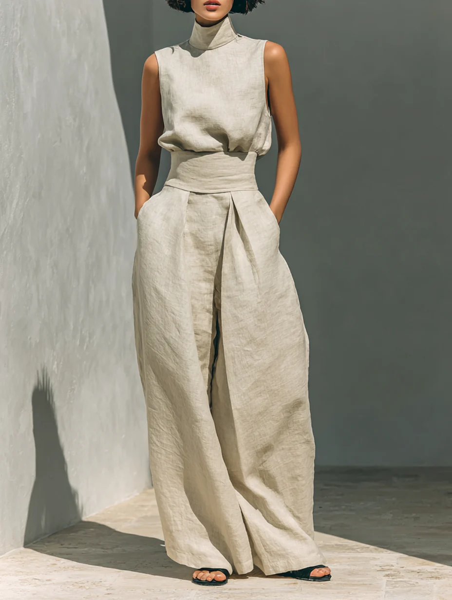 Aurora | Ensemble deux pièces beige en lin avec haut sans manches et pantalon large