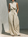 Aurora | Ensemble deux pièces beige en lin avec haut sans manches et pantalon large