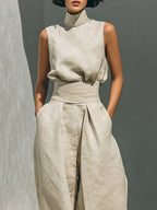 Aurora | Ensemble deux pièces beige en lin avec haut sans manches et pantalon large