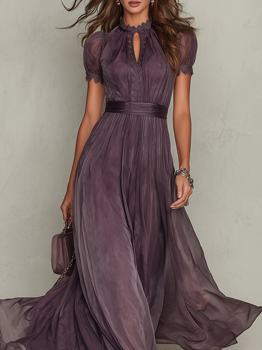 Flavia | Long purple dress with keyhole neckline, chiffon lace trim Maison Fleurine