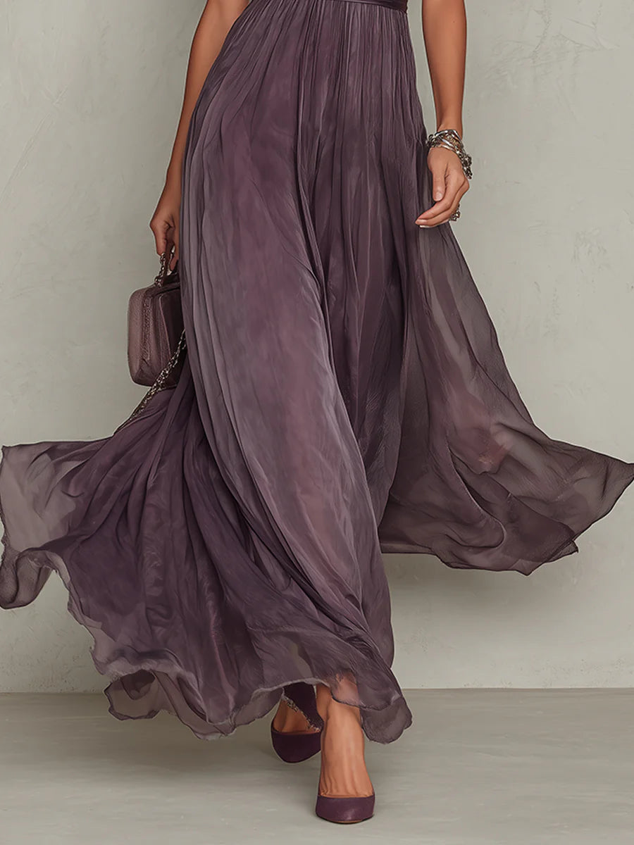 Flavia | Long purple dress with keyhole neckline, chiffon lace trim Maison Fleurine