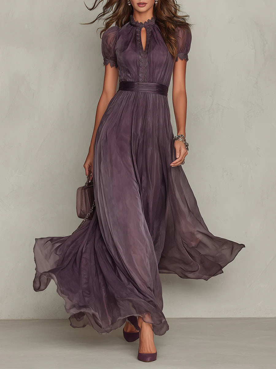 Flavia | Long purple dress with keyhole neckline, chiffon lace trim Maison Fleurine