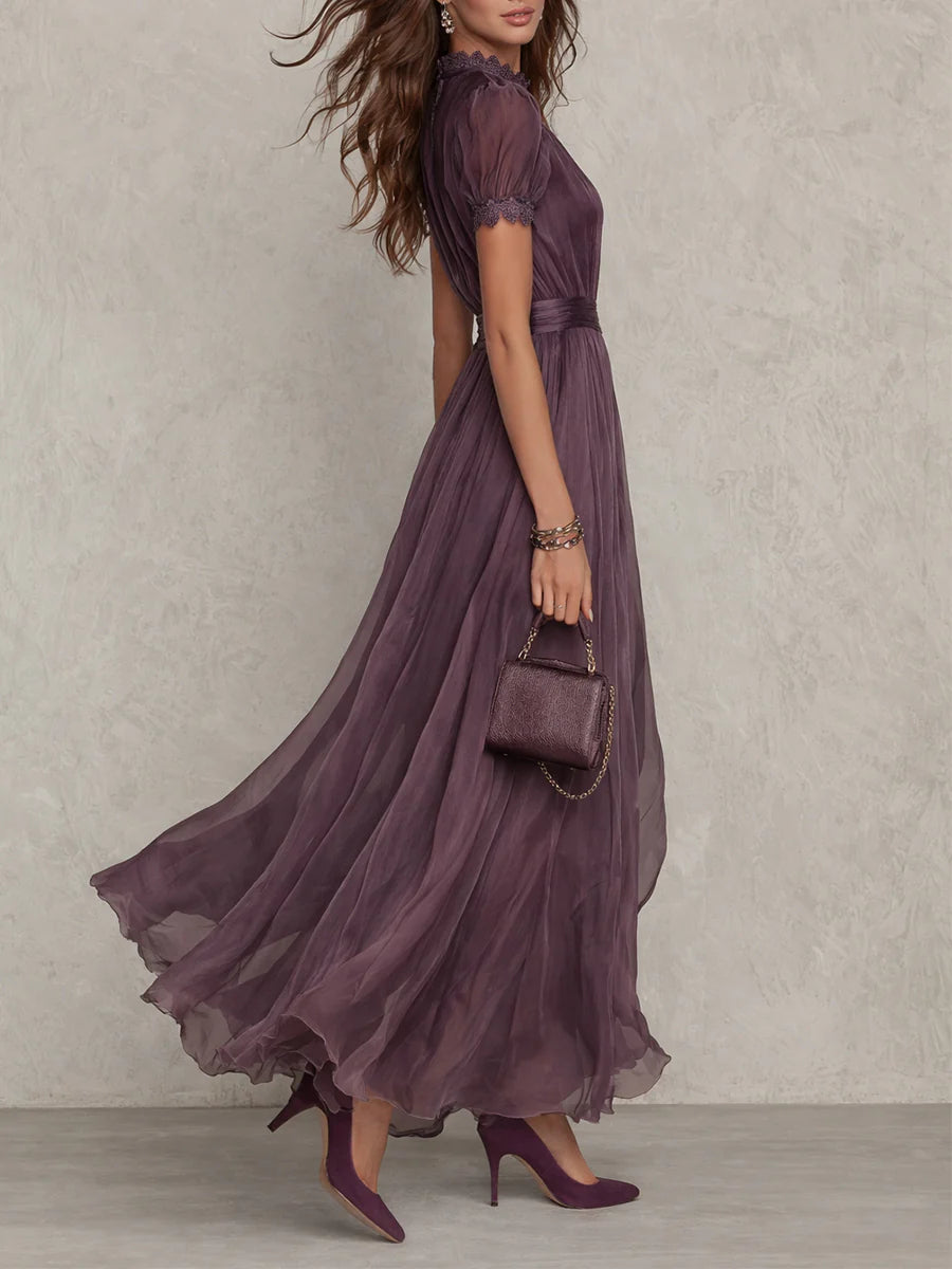 Flavia | Long purple dress with keyhole neckline, chiffon lace trim Maison Fleurine
