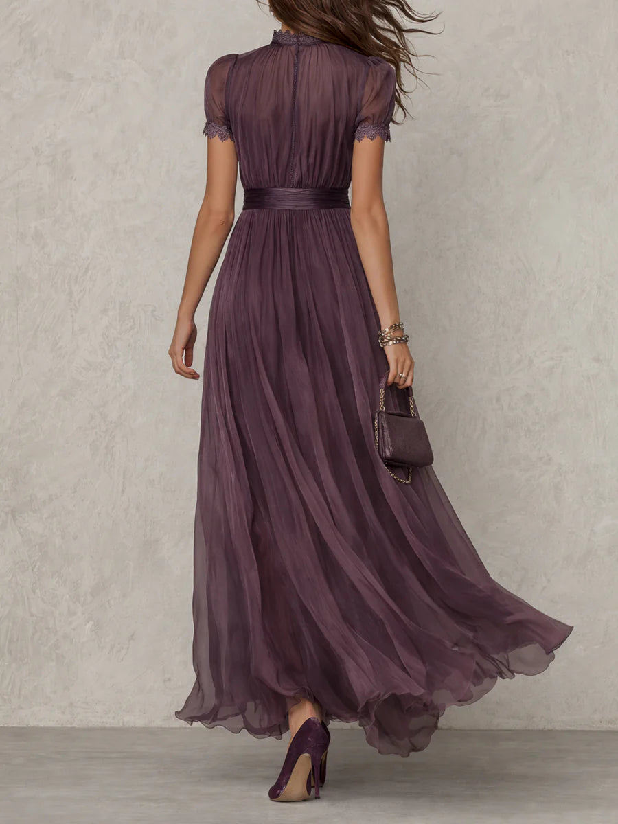 Flavia | Long purple dress with keyhole neckline, chiffon lace trim Maison Fleurine