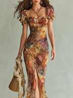 Violette | Robe maxi en mousseline orange à imprimé peinture à l'huile style bohème
