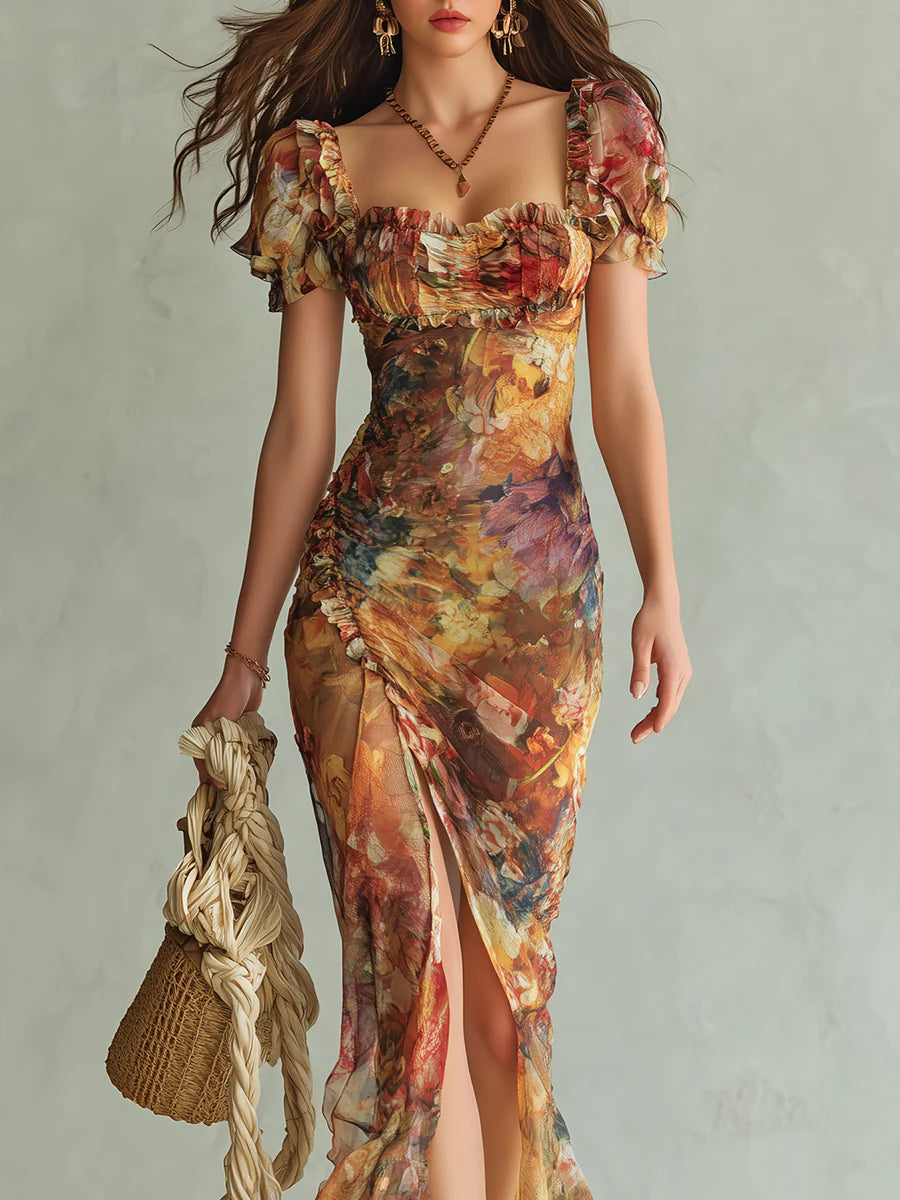 Violette | Robe maxi en mousseline orange à imprimé peinture à l'huile style bohème