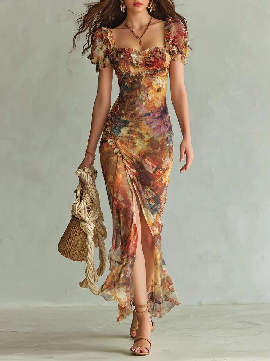 Violette | Robe maxi en mousseline orange à imprimé peinture à l'huile style bohème