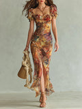 Violette | Robe maxi en mousseline orange à imprimé peinture à l'huile style bohème