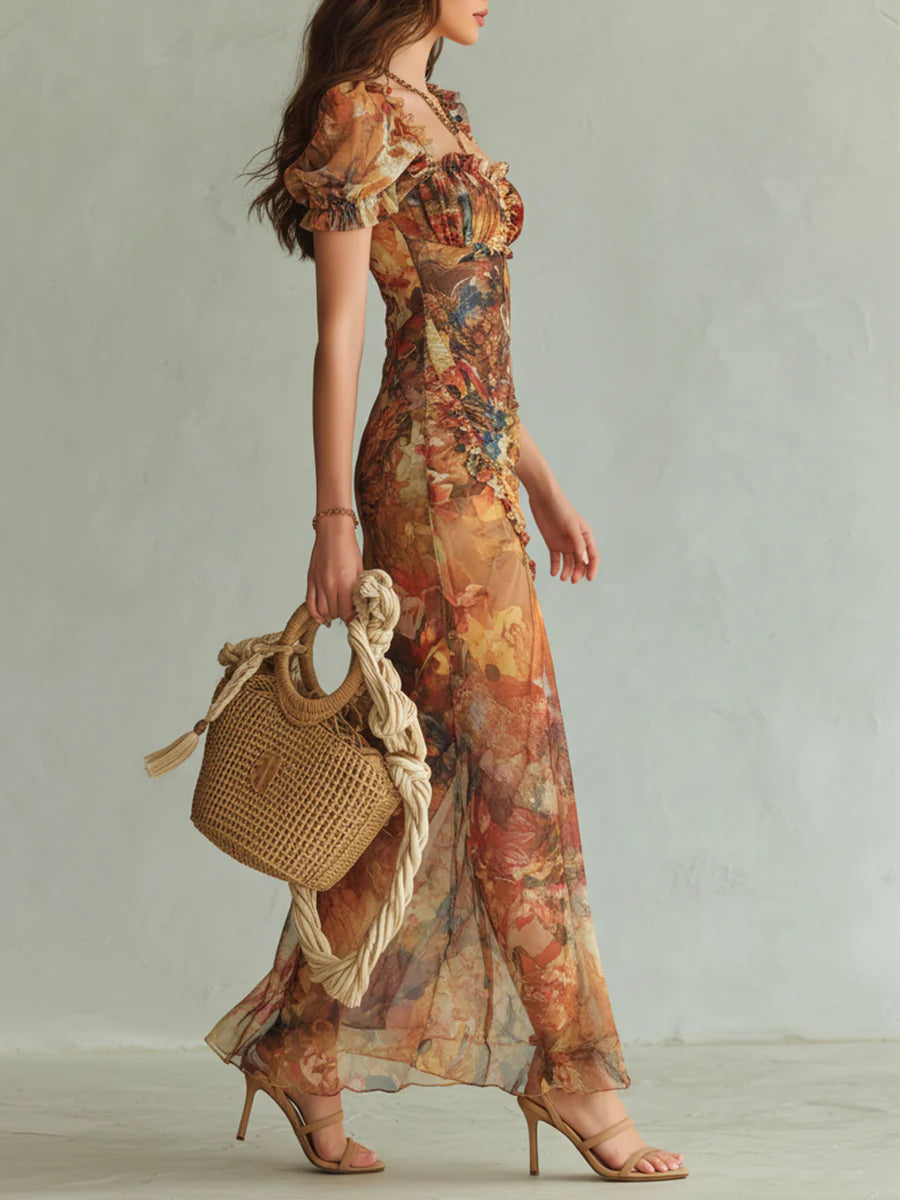 Violette | Robe maxi en mousseline orange à imprimé peinture à l'huile style bohème