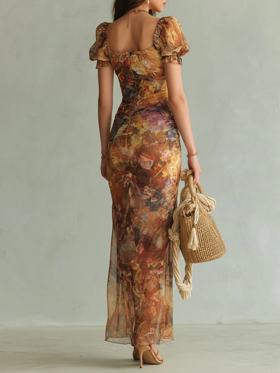 Violette | Robe maxi en mousseline orange à imprimé peinture à l'huile style bohème