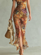 Violette | Robe maxi en mousseline orange à imprimé peinture à l'huile style bohème