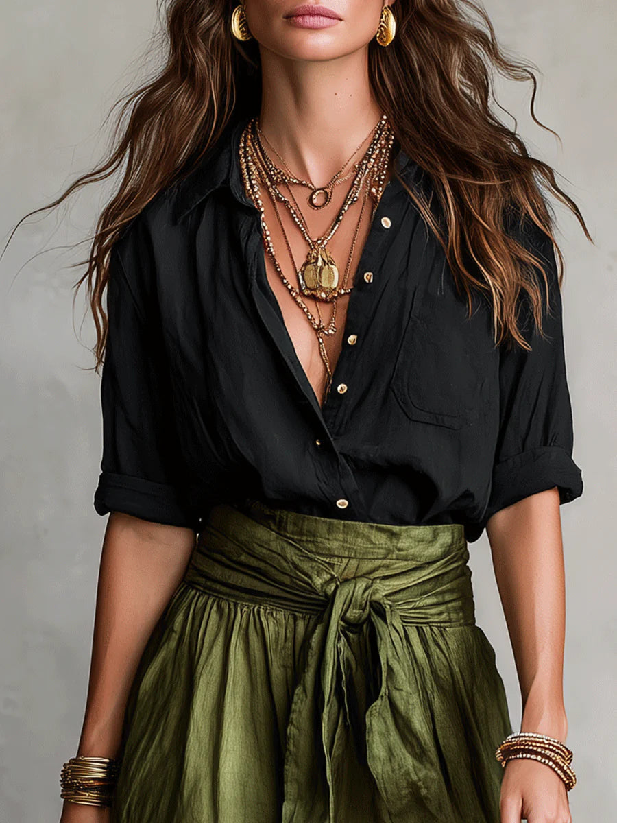 RIVER | Two-Piece Set: Black Top and Olive Green Midi Skirt Maison Fleurine