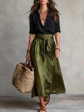 RIVER | Two-Piece Set: Black Top and Olive Green Midi Skirt Maison Fleurine