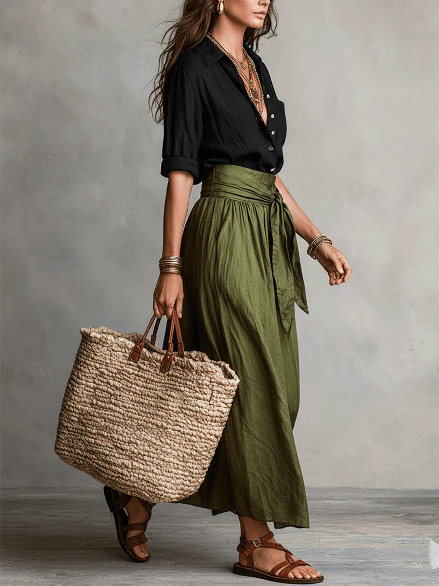 RIVER | Two-Piece Set: Black Top and Olive Green Midi Skirt Maison Fleurine