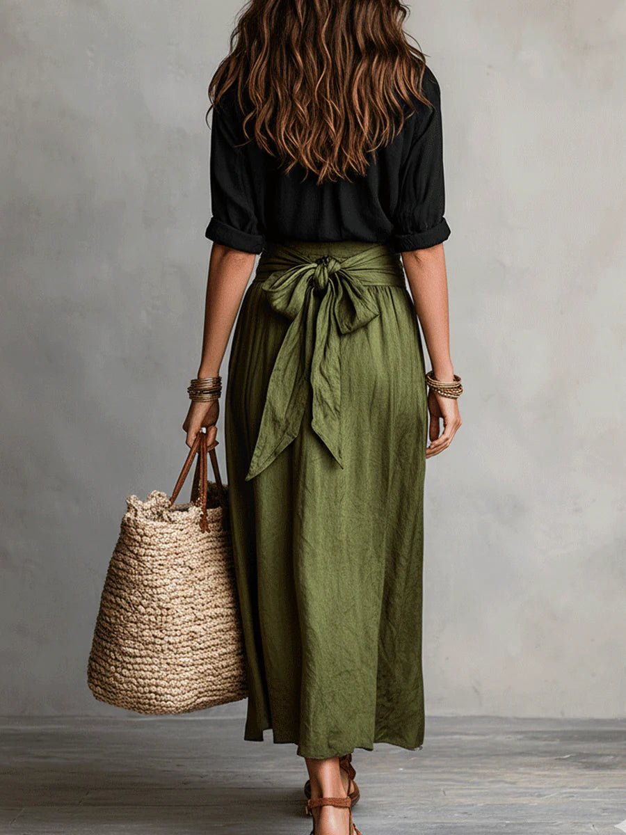 RIVER | Two-Piece Set: Black Top and Olive Green Midi Skirt Maison Fleurine