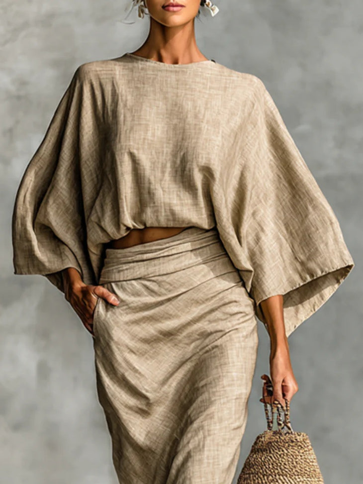 WILLOW | Beige Two Piece Set with Batwing Top and Long Skirt for Effortless Elegance Maison Fleurine