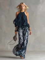 Chloé | Ensemble élégant avec haut dos nu bleu marine et pantalon large imprimé