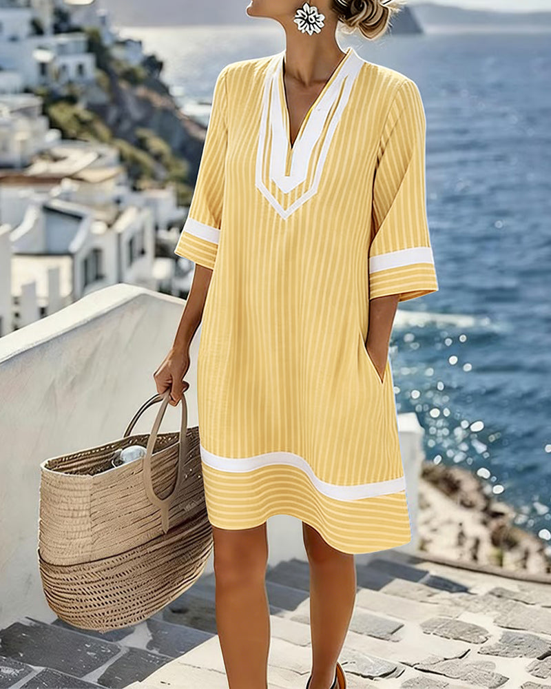 Veronica | Cotton blend V-Neck Short Sleeve Striped Dress Maison Fleurine
