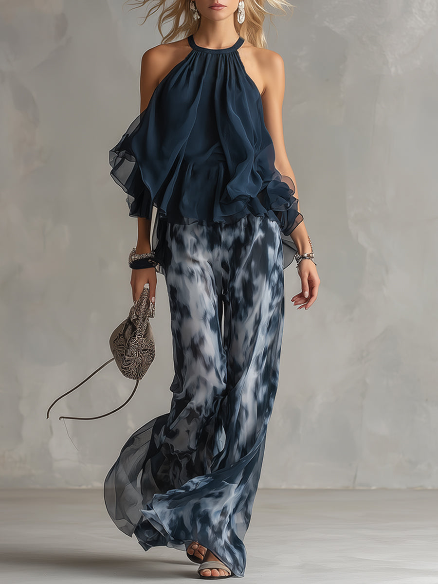 Chloé | Ensemble élégant avec haut dos nu bleu marine et pantalon large imprimé