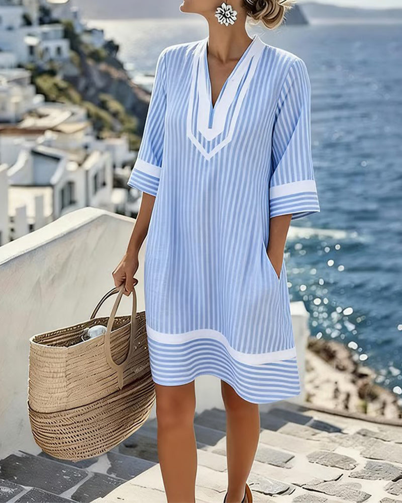 Veronica | Cotton blend V-Neck Short Sleeve Striped Dress Maison Fleurine