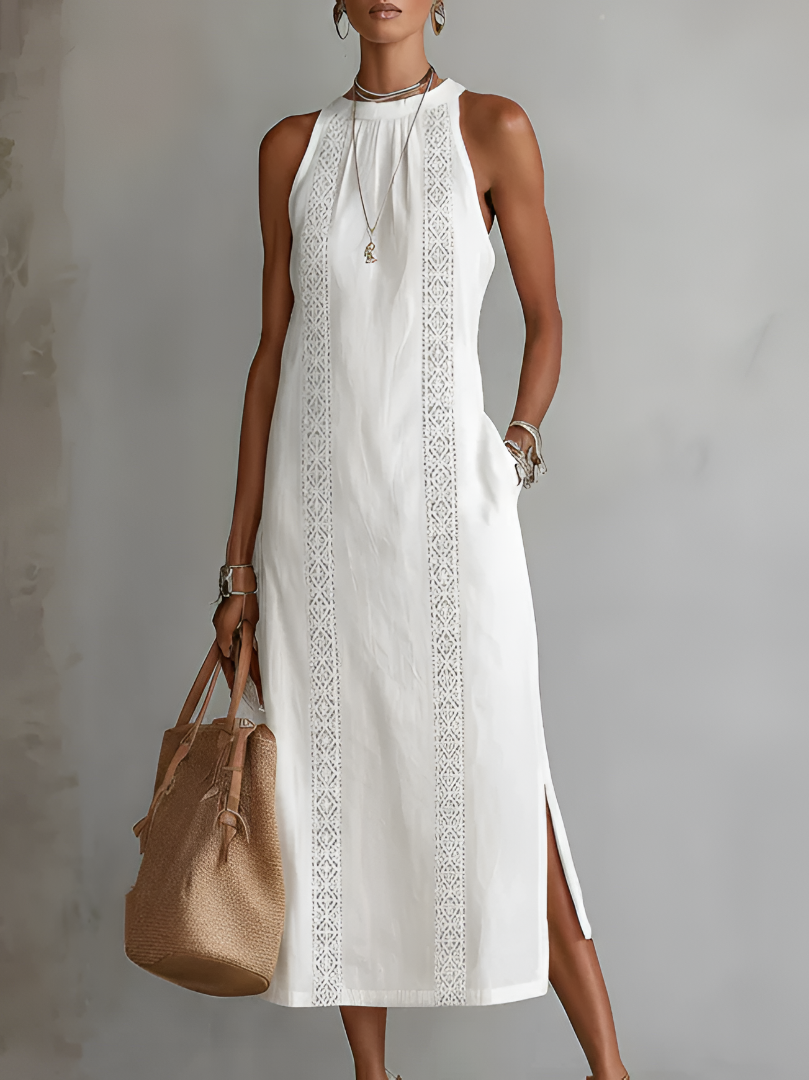 Jimena | Robe midi décontractée brodée à col mao