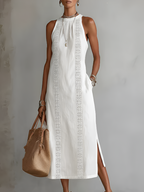 Jimena | Robe midi décontractée brodée à col mao