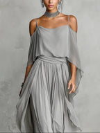 Isabelle | Ensemble fluide gris avec haut à fines bretelles et pantalon léger