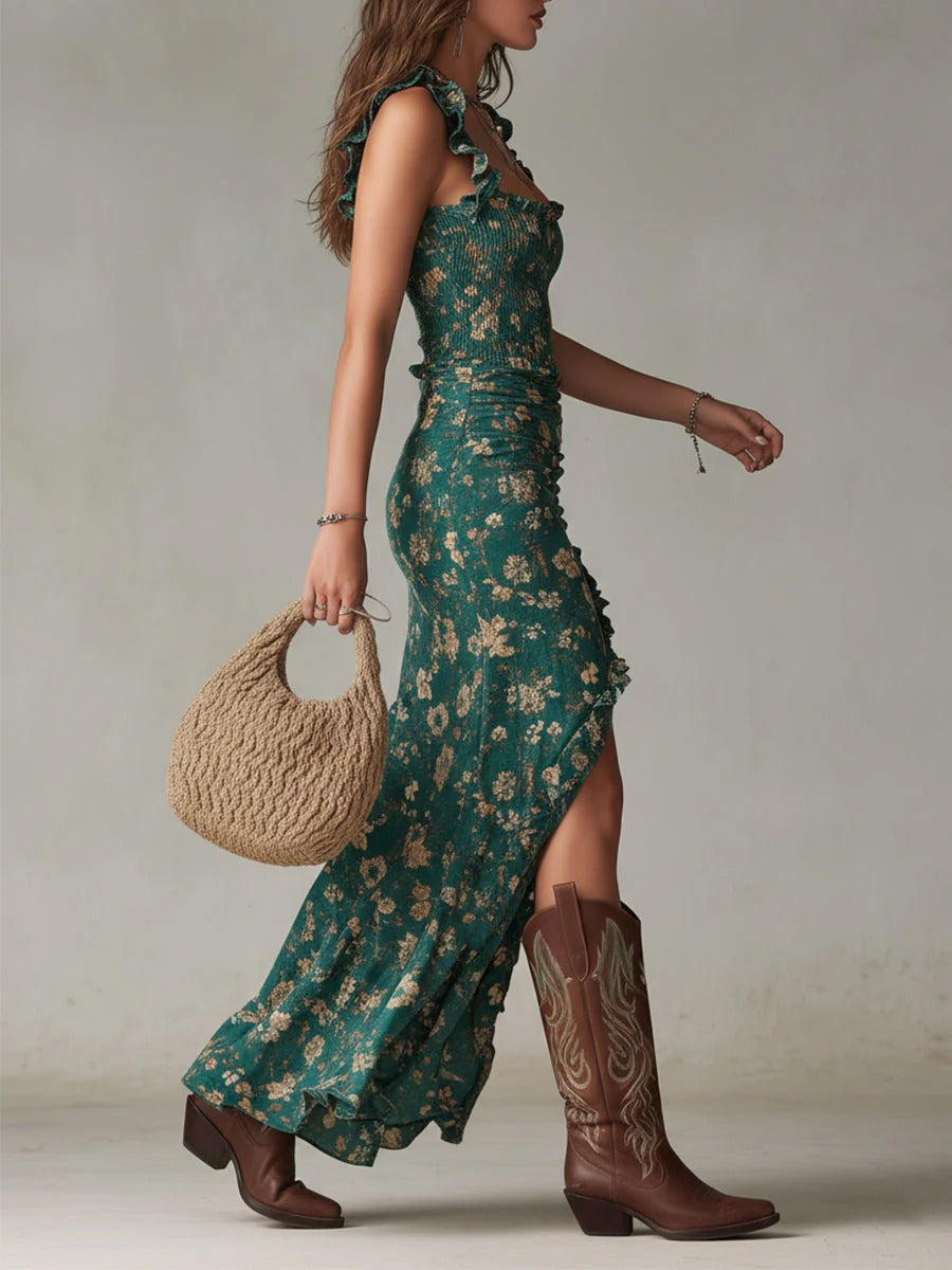 Zara | Robe maxi bohème froncée à imprimé fleuri et fente latérale