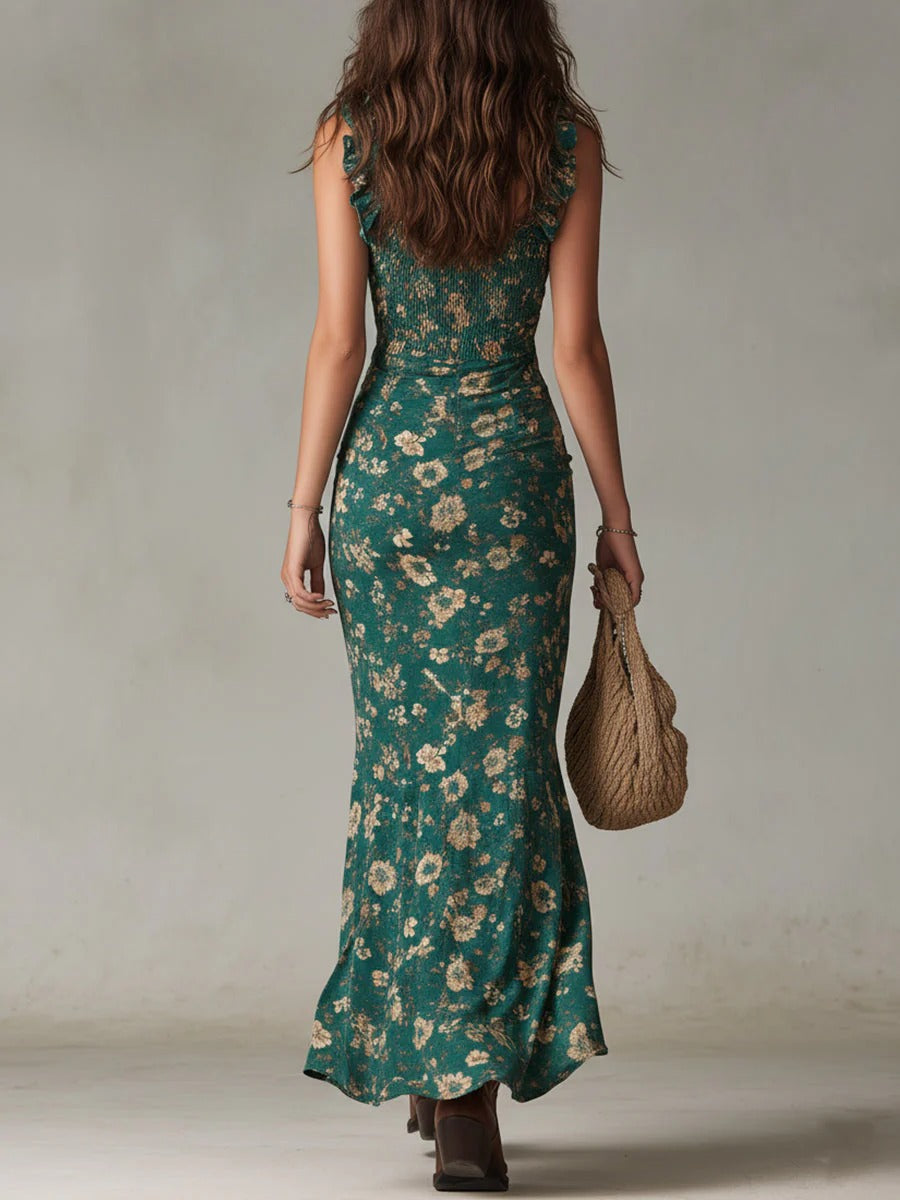 Zara | Robe maxi bohème froncée à imprimé fleuri et fente latérale