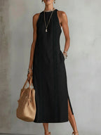Jimena | Robe midi décontractée brodée à col mao