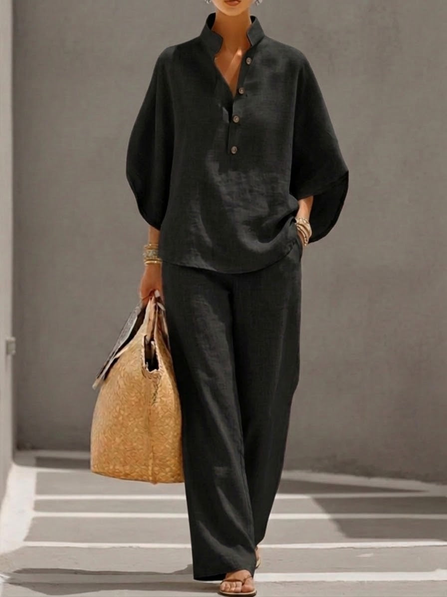 Mariel | Ensemble Coton Lin Manches Chauve-Souris Pantalon Large
