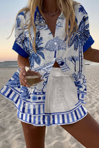 Ensemble chemise et short RIVIERA, imprime tropical bleu sur fond blanc
