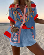 Ensemble chemise et short RIVIERA, imprime celeste sur fond bleu