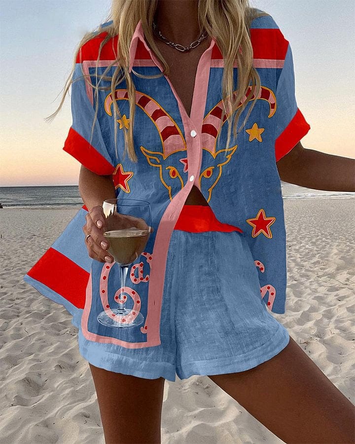 Ensemble chemise et short RIVIERA, imprime celeste sur fond bleu